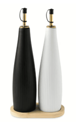 Thyme & Table Ceramic Oil and Vinegar Cruet Set with Bamboo Base, Black