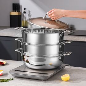 SOGA 3 Tier 32 cm Heavy Duty Stainless Steel Food Steamer Vegetable Pot Stackable Pan Insert with Glass Lid