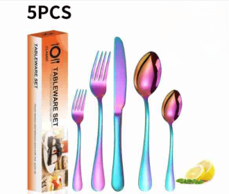Rainbow Silverware Set, 5-Piece Stainless Steel Flatware Set with Round Edge,Kitchen Utensil Set Service for 1,Dishwasher Safe (Multicolor)