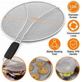 Grease Splatter Screen 13in Stainless Steel Fine Mesh Splash Mesh Shield Hot Oil Stopper w/ Resting Feet For Frying Pan Cooking Woks Skillets Pots Pan