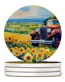 Kansas Sunflowers in Watercolor Large Sandstone Coasters Pack of 4 Absorbent Round Coasters Decor Gifts for Men or Women, 4 in, Multicolor