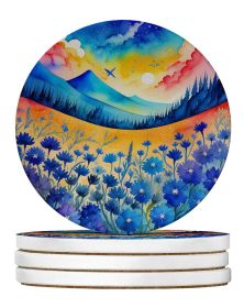 Colorful Blue Cornflowers Large Sandstone Coasters Pack of 4 Absorbent Round Coasters Decor Gifts for Men or Women, 4 in, Multicolor