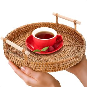 Rattan Tray 8.7 Inch Round Woven Serving Basket with Handles Decorative Tray for Coffee Table Bread Fruit Vegetables Restaurant Home Use