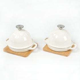 HAWOK Enameled Cast Iron Garlic Roaster with Bamboo Tray, 5-Inch, BBQ Grill Garlic Baker, Mini Cocotte, Set of 2, Oyster White