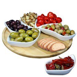 Elama Signature Modern 13.5 Inch 7pc Lazy Susan Appetizer and Condiment Server Set with 6 Unique Design Serving Dishes and a Bamboo Lazy Suzan Serving