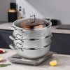 SOGA 3 Tier 32 cm Heavy Duty Stainless Steel Food Steamer Vegetable Pot Stackable Pan Insert with Glass Lid