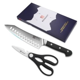 2 pcs Chef Knife Set Stainless Steel Kitchen Shears Scissor Cutlery Slicing Gift (Color: Black)