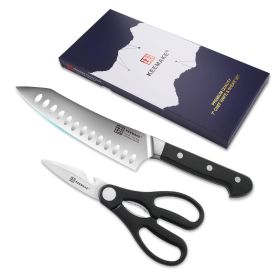 2 pcs Chef Knife Set Stainless Steel Kitchen Shears Scissor Cutlery Slicing Gift (Color: Black)