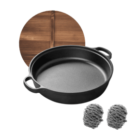 WANGYUANJI 11 Cast Iron Wok With Dual Handles And Wooden Lid, Uncoated Frying Pan For Gas And IH, Chinese Thickened Pancake Pan, Stir-frying And I (Color: Black)