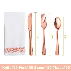 50pcs Gold/Silver Disposable Forks Plastic Tableware Dessert Knives Forks Spoon Cutlery Set Wedding Birthday Party Decor Supply (Ships From: China, Color: Rose gold set)