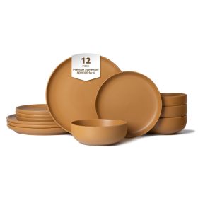 12-Piece Stoneware Dinner Plates Bowls Sets | Microwave & Dishwasher Safe | FDA Certified Non-Toxic Dinner Plates Bowls Set | Stackable Matte Glaze Ki (Main Material: Stone, Main Color: Orange)