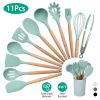 11, pcs Silicone Cooking Utensil Set Heat Resist Wooden Handle Silicone Spatula Turner Ladle Spaghetti Server Tongs