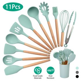11, pcs Silicone Cooking Utensil Set Heat Resist Wooden Handle Silicone Spatula Turner Ladle Spaghetti Server Tongs (Color: LightGreen)