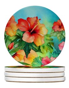 Hawaii Hawaiian Hibiscus in Watercolor Large Sandstone Coasters Pack of 4 Absorbent Round Coasters Decor Gifts for Men or Women, 4 in, Multicolor (Default: Default)