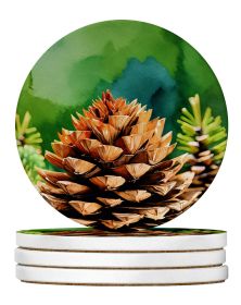 Maine White Pine Cone and Tassels in Watercolor Large Sandstone Coasters Pack of 4 Absorbent Round Coasters Decor Gifts for Men or Women, 4 in (Default: Default)
