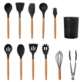 11 pcs Silicone Cooking Utensil Set Heat Resist Wooden Handle Silicone Spatula Turner Ladle Spaghetti Server Tongs (Color: Black)