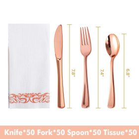 50pcs Gold/Silver Disposable Forks Plastic Tableware Dessert Knives Forks Spoon Cutlery Set Wedding Birthday Party Decor Supply (Ships From: China, Color: Rose gold set)
