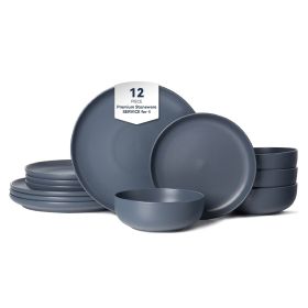 12-Piece Stoneware Dinner Plates Bowls Sets | Microwave & Dishwasher Safe | FDA Certified Non-Toxic Dinner Plates Bowls Set | Stackable Matte Glaze Ki (Main Color: Blue, Main Material: Stone)