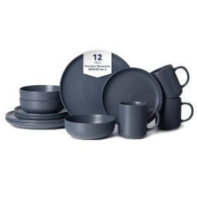 12-Piece Stoneware Dinnerware Sets with Mugs | Microwave & Dishwasher Safe | FDA Certified Non-Toxic Dinner Plates Bowls Set | Stackable Matte Glaze K (Main Color: Blue, Main Material: Stone)