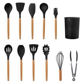 11, pcs Silicone Cooking Utensil Set Heat Resist Wooden Handle Silicone Spatula Turner Ladle Spaghetti Server Tongs (Color: Black)