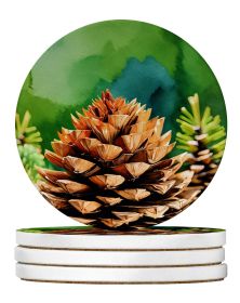 Maine White Pine Cone and Tassels in Watercolor Large Sandstone Coasters Pack of 4 Absorbent Round Coasters Decor Gifts for Men or Women, 4 in (Default: Default)